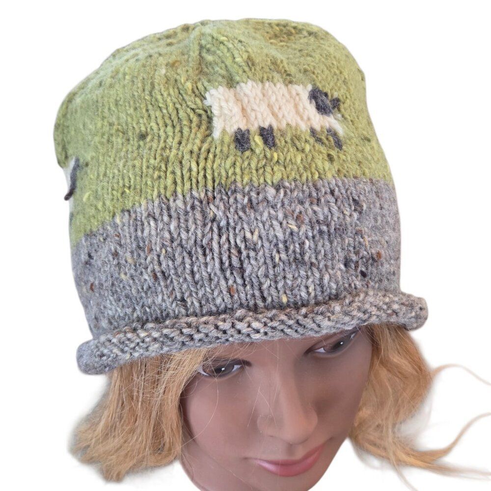 Hand-Knit Wool Beanie Ireland Artisan Sheep Motif Winter Hat NWOT Green Gray